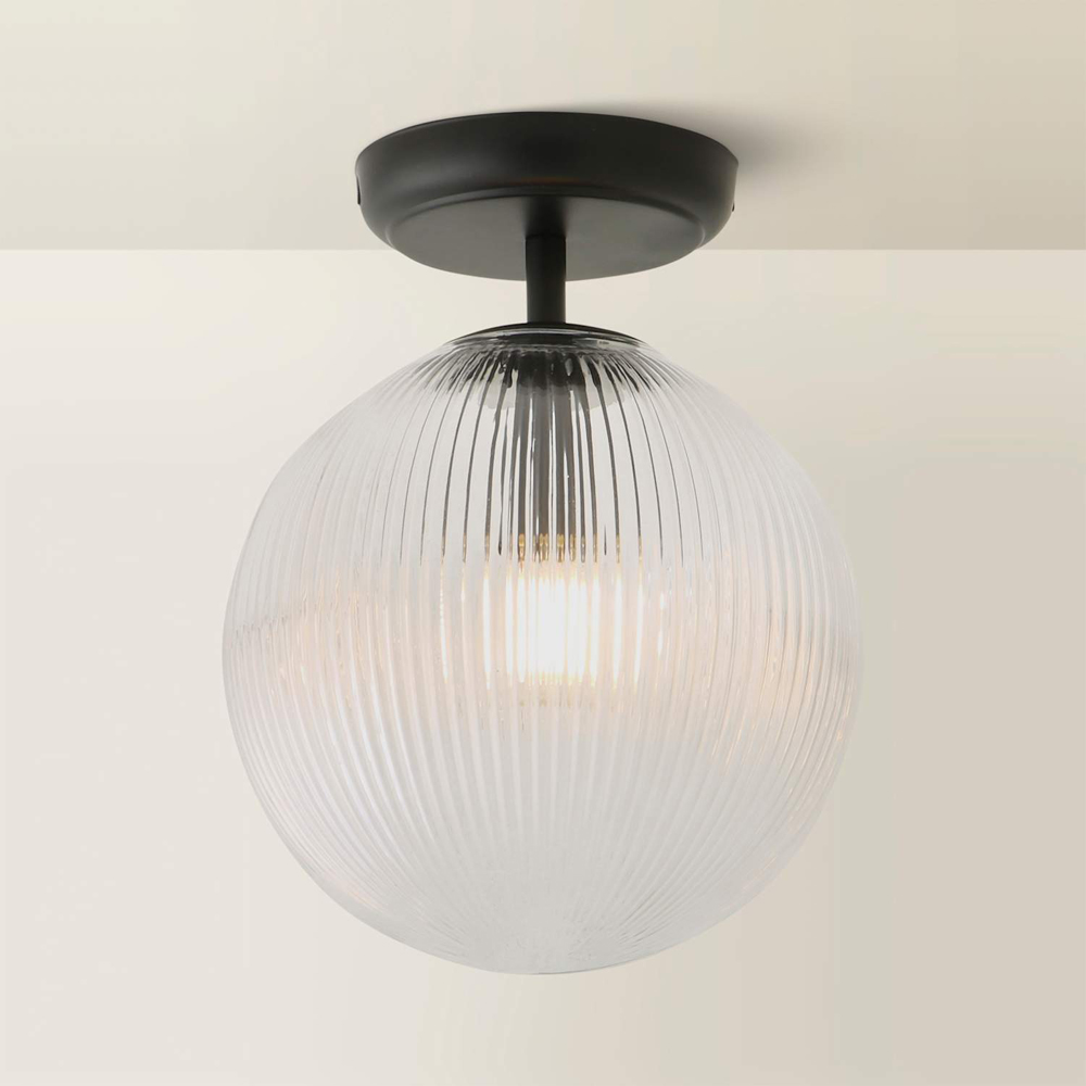 ValueLights Kempton Matt Black Ribbed Globe Shade Flush Ceiling Light with Bulb Image 5