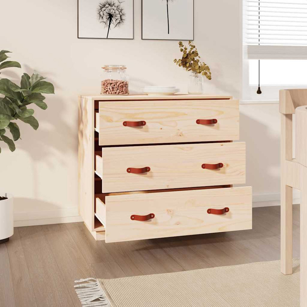 vidaXL 3 Drawer Natural Pine Wood Sideboard Image 7