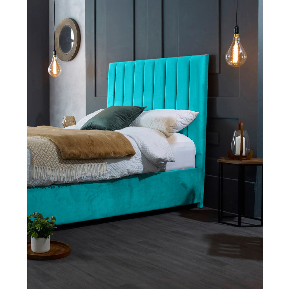 Eleganza Home Redding Double Teal Plush Velvet Bed Frame with Headboard Image 2