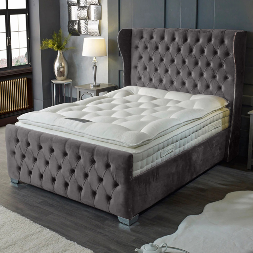 Eleganza Home Colleen Double Silver Plush Velvet Bed Frame with Chesterfield Headboard Image 1