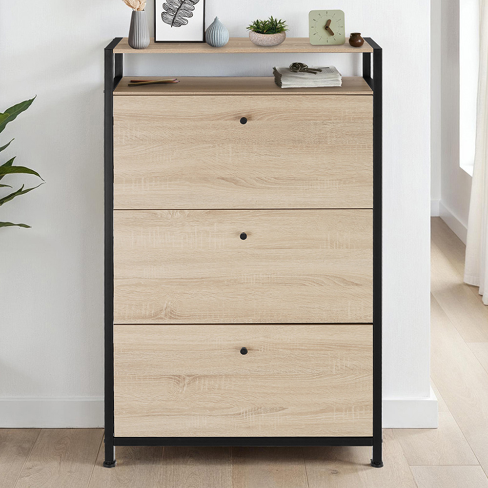 Tectake Single Shelf 3 Tilt Drawer Oak Wood Light Slim Storage Rack 32 x 81cm Image 1