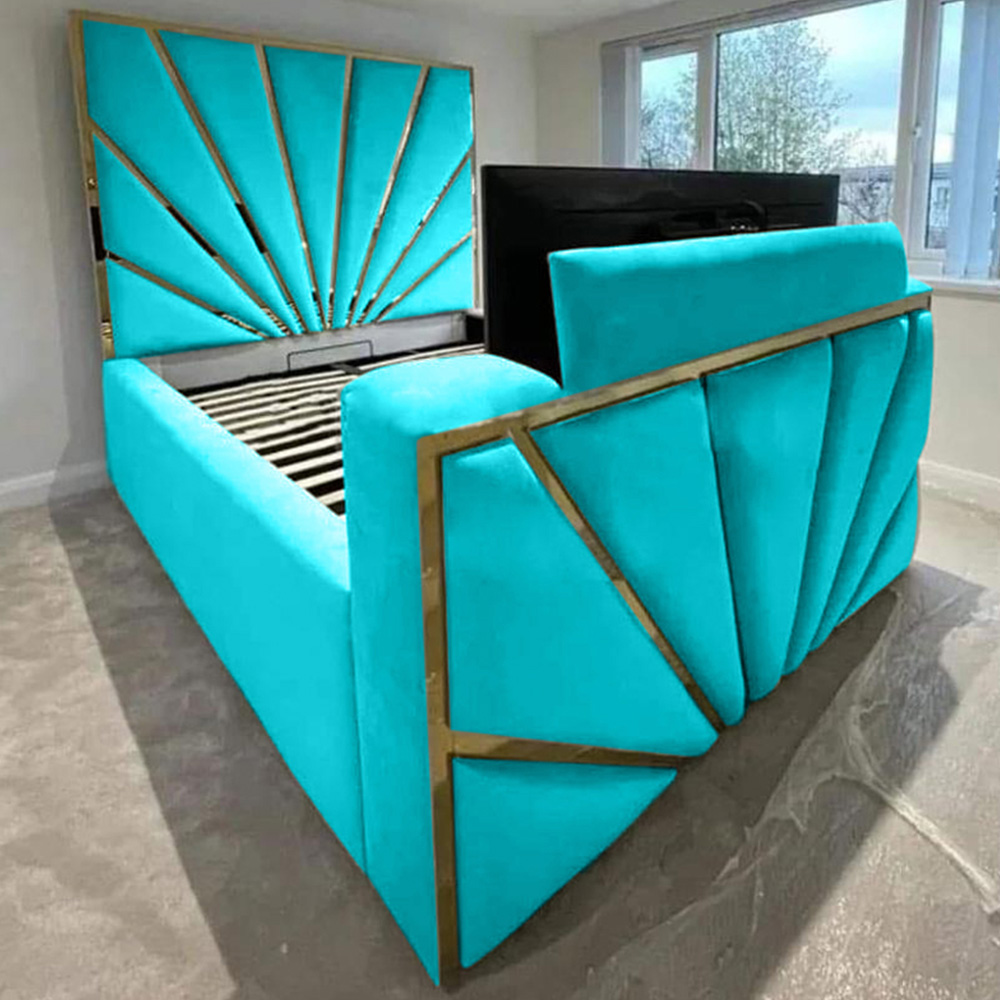 Eleganza Home Leniva King Size Teal Plush TV Bed Frame with Headboard and Footboard Image 1