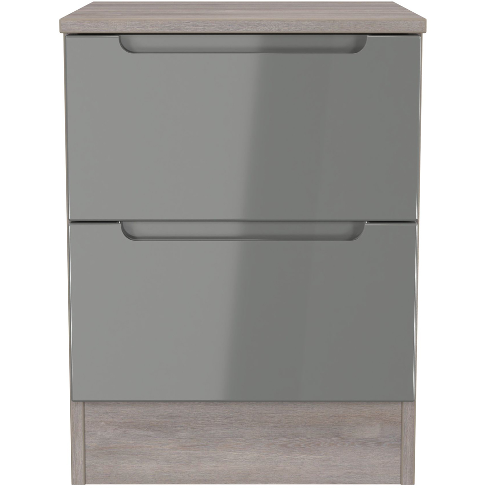 Crowndale Milan 2 Drawer Grey Gloss and Grey Oak Compact Bedside Cabinet Ready Assembled Image 2