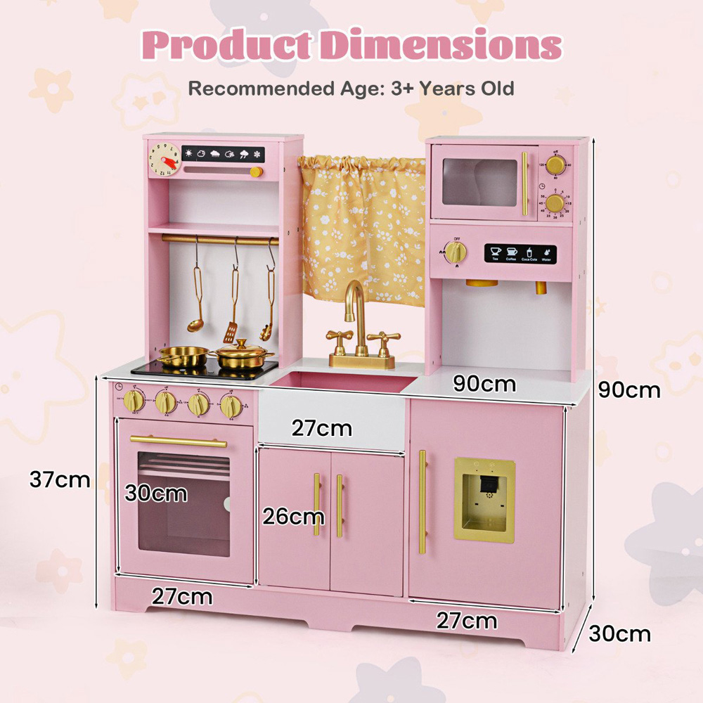 Costway Kids Pink Kitchen Play Set with Coffee Maker Stove Top Golden Utensils Image 7