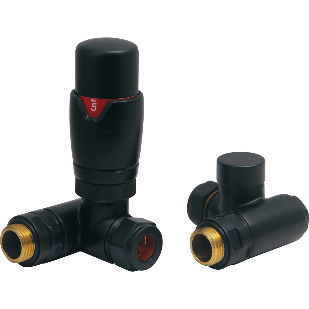 Towelrads Black Dual Fuel TRV and Lockshield Set 15mm x 1/2inch Image 1