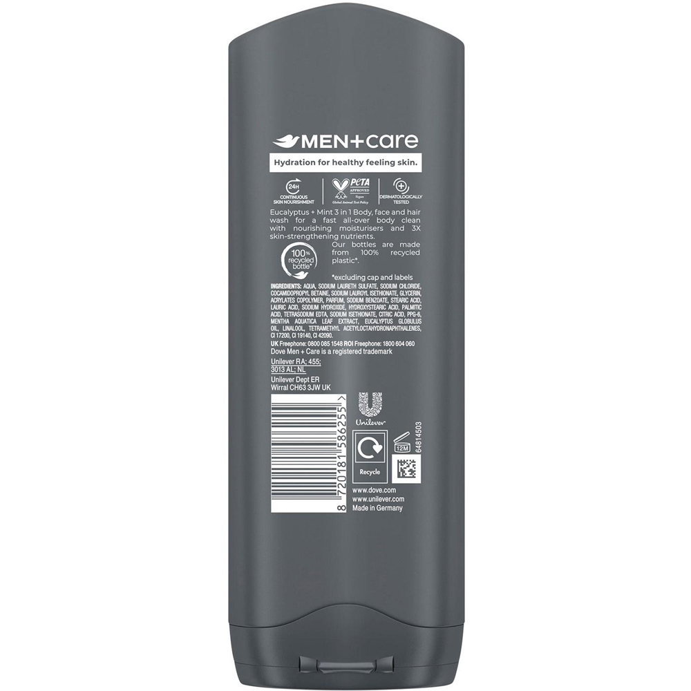 Dove Men+ Care 3-in-1 Eucalyptus and Mint Body Face and Hair Wash 250ml 12 Pack Image 3