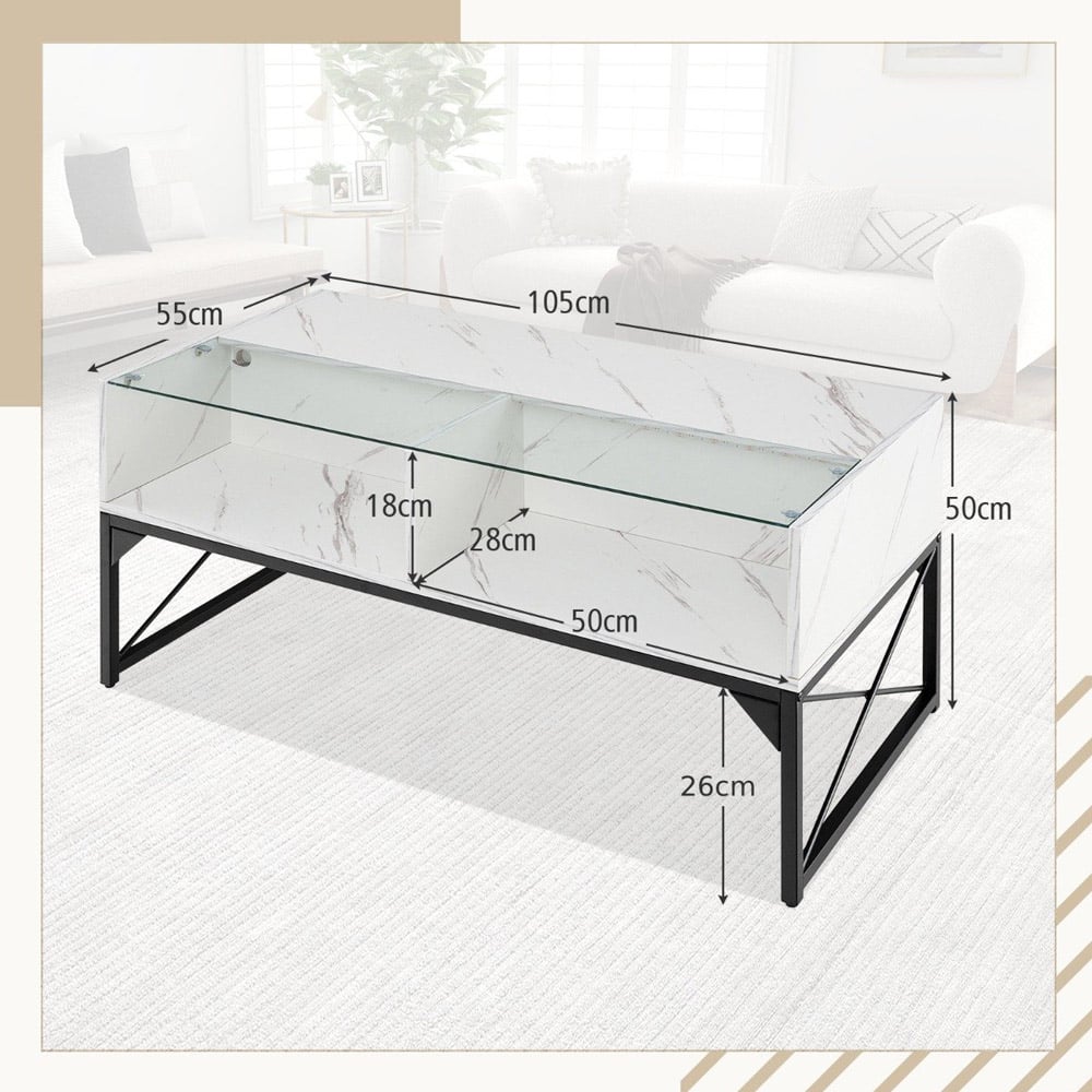 Costway 4 Shelf White Faux Marble Tempered Glass LED Coffee Table Image 9