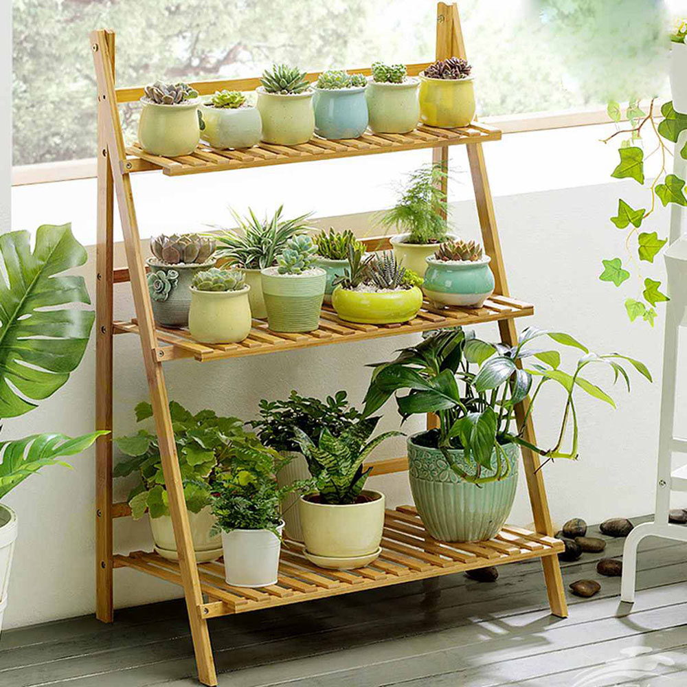 Living and Home 3 Tier Natural Wooden Foldable Ladder Shelf Image 6