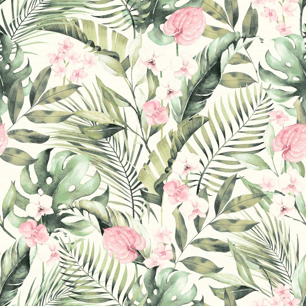Arthouse Tropical Floral Green and Pink Wallpaper Image 1