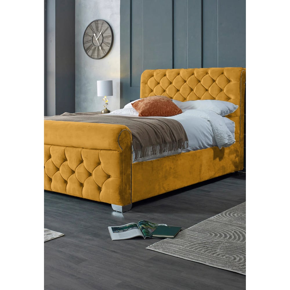 Eleganza Home Veneta King Size Mustard Plush Velvet Bed Frame with Chesterfield Headboard Image 3