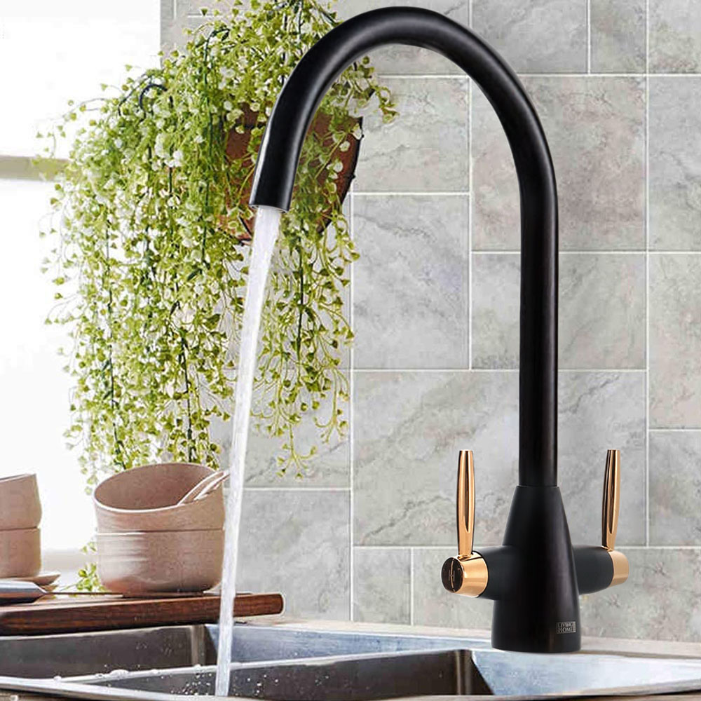 Living and Home Rose Gold Twin Lever Kitchen Tap Image 2