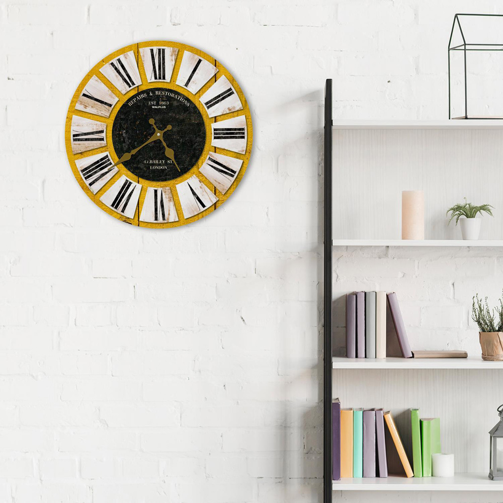 Walplus Yellow Wooden Vintage Wall Round Clock 30cm Image 5
