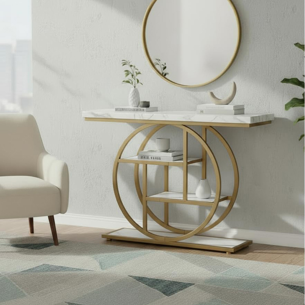 Alivio 4-Tier White and Gold Rustic Wood Double Round Metal Frame Console Table Image 4