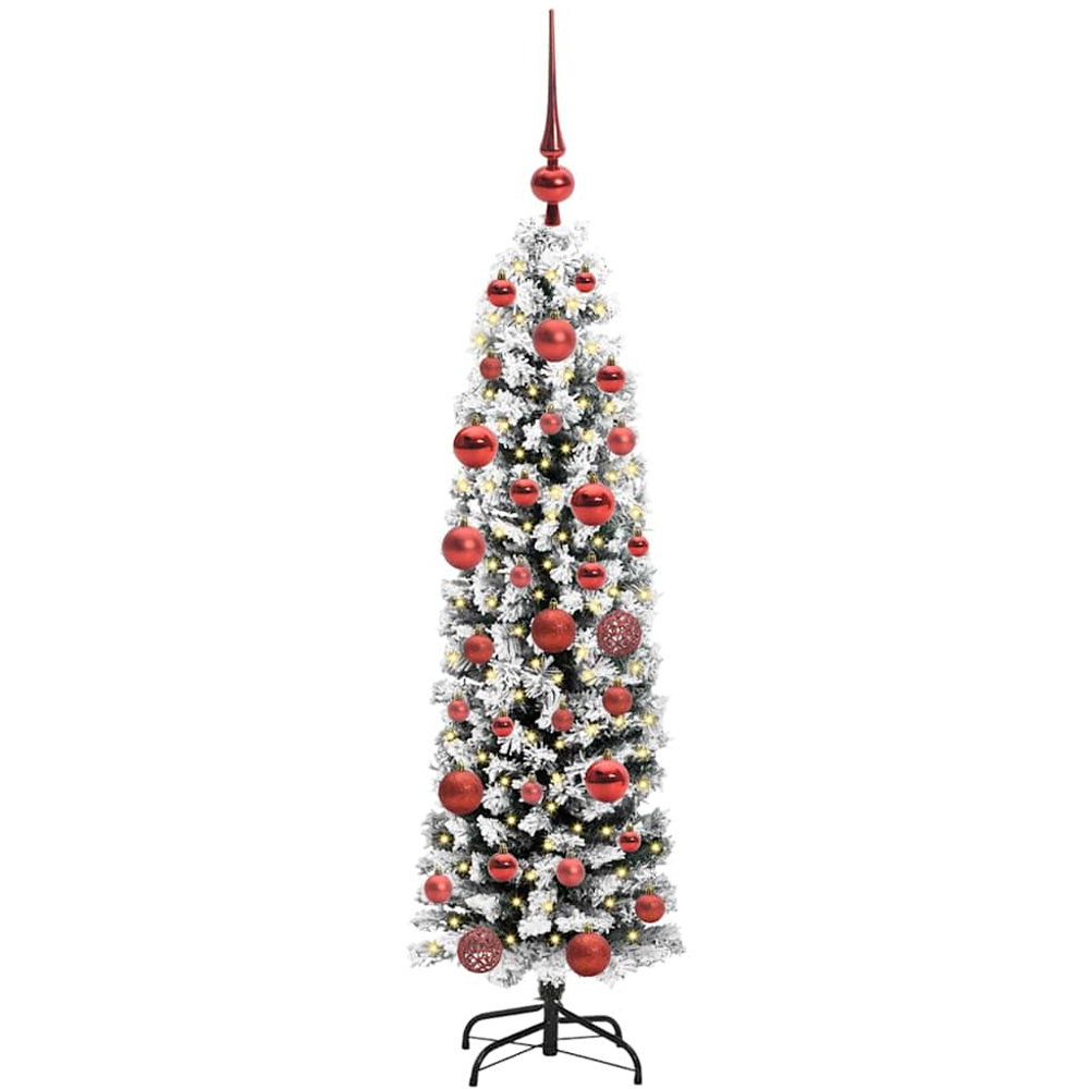 vidaXL Green Snow Flocked Artificial Christmas Tree with LEDs Red Decoration Ornaments 5ft Image 1