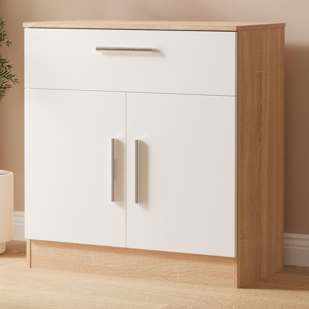 Crowndale Contrast 2 Door Single Drawer White Matt and Bardolino Oak Sideboard Ready Assembled Image 1