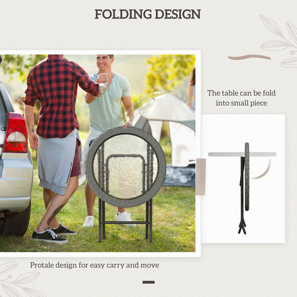 Outsunny Grey Foldable Round Tempered Glass Rattan Metal Table Image 5