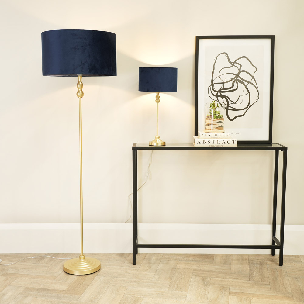 ValueLights Maggie Navy Blue Velvet and Gold Drum Shade Candlestick LED Floor Lamp Image 4