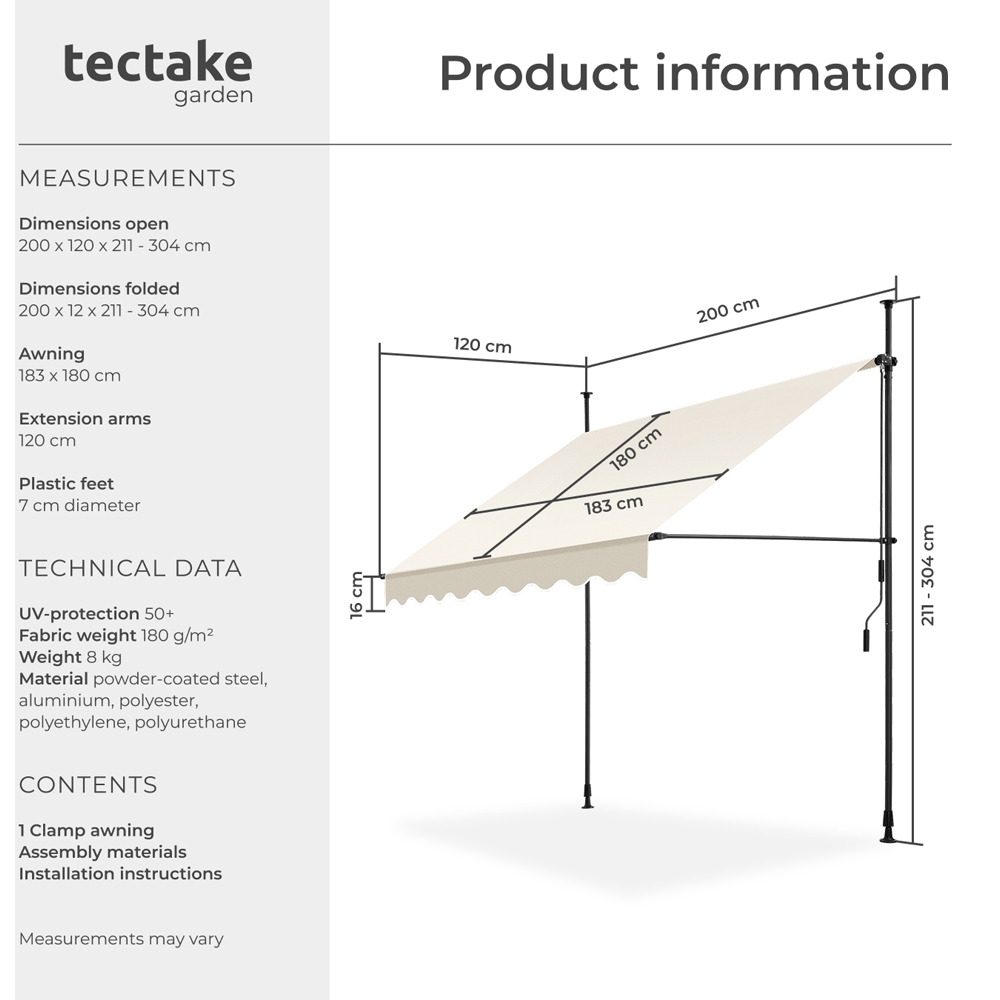 tectake Beige Retractable Awning 2 x 1.8m Image 8