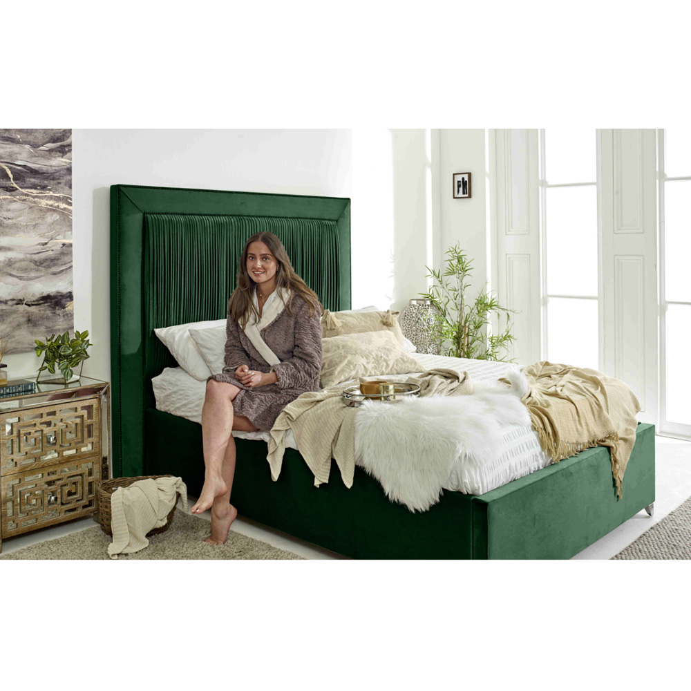 Eleganza Alexandra Double Green Plush Velvet Bed Frame with Pleated Headboard Image 3