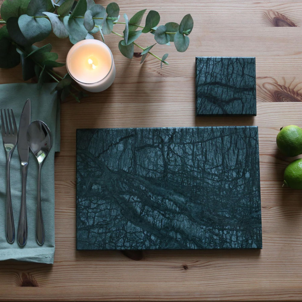 Argon Tableware 12 Piece Green Rectangle Marble Placemat and Square Coaster Set Image 2