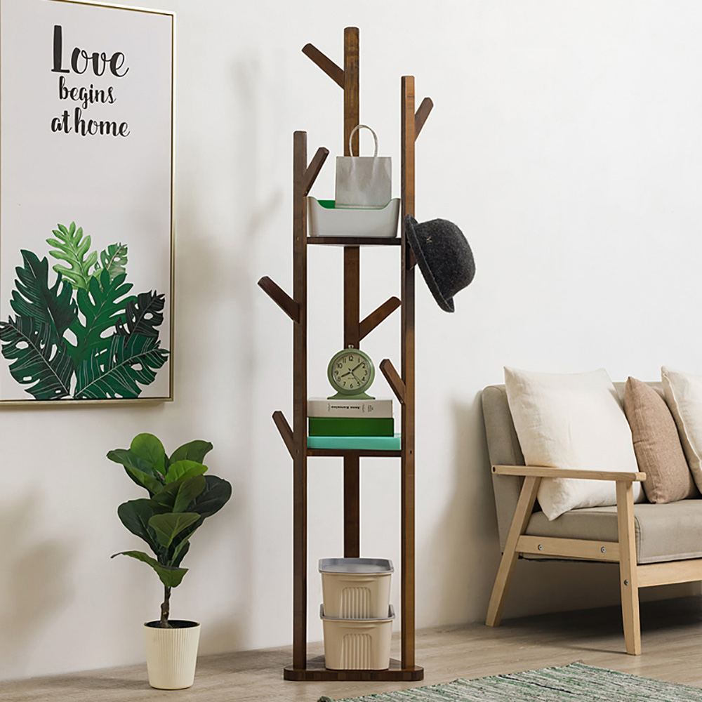 Living and Home 3 Tier Brown Coat Rack Stand with Shelves Image 2