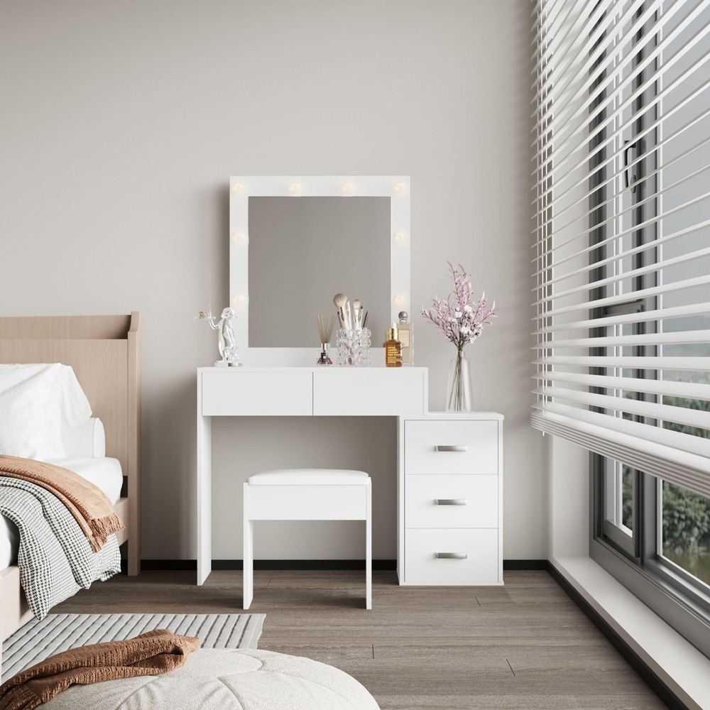 Home Source Vero 5 Drawer White Vanity Table and Cushioned Stool Set with LED Mirror Image 5