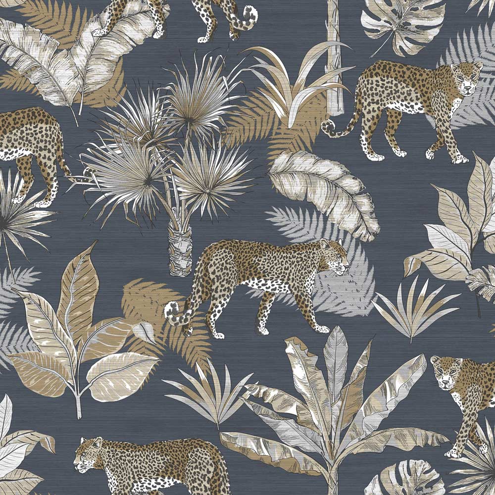 Grandeco Leopard Jungle Palm Linen Navy Textured Wallpaper Image 1