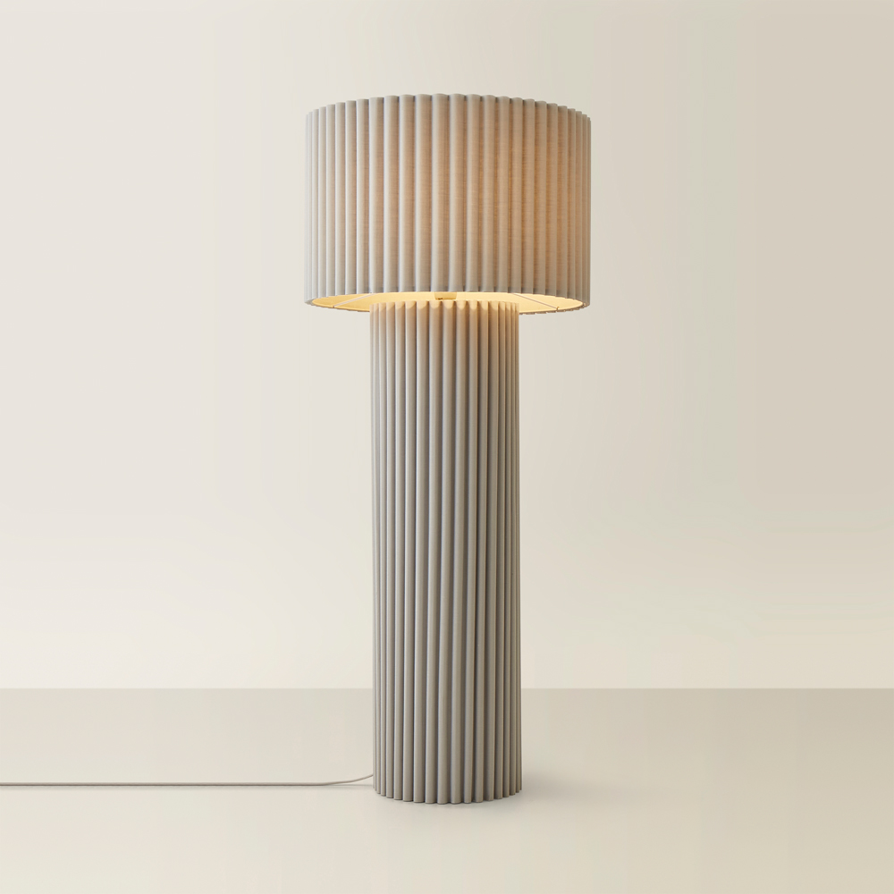 ValueLights Lenny Stone Grey Drum Lamp Shade Ribbed Fabric Midi LED Floor Lamp Image 5