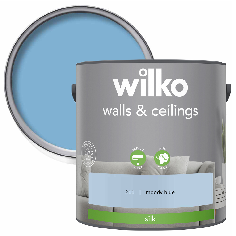 Wilko Walls & Ceilings Moody Blue Silk Emulsion Paint 2.5L Image 1