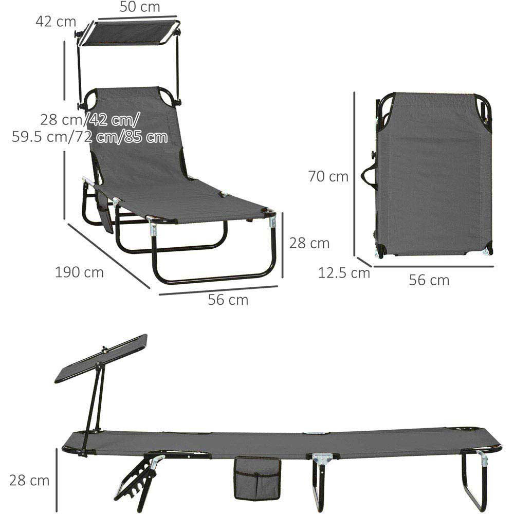 Outsunny Set of 2 Dark Grey Adjustable Folding Sun Lounger with Sunshade Roof Image 8