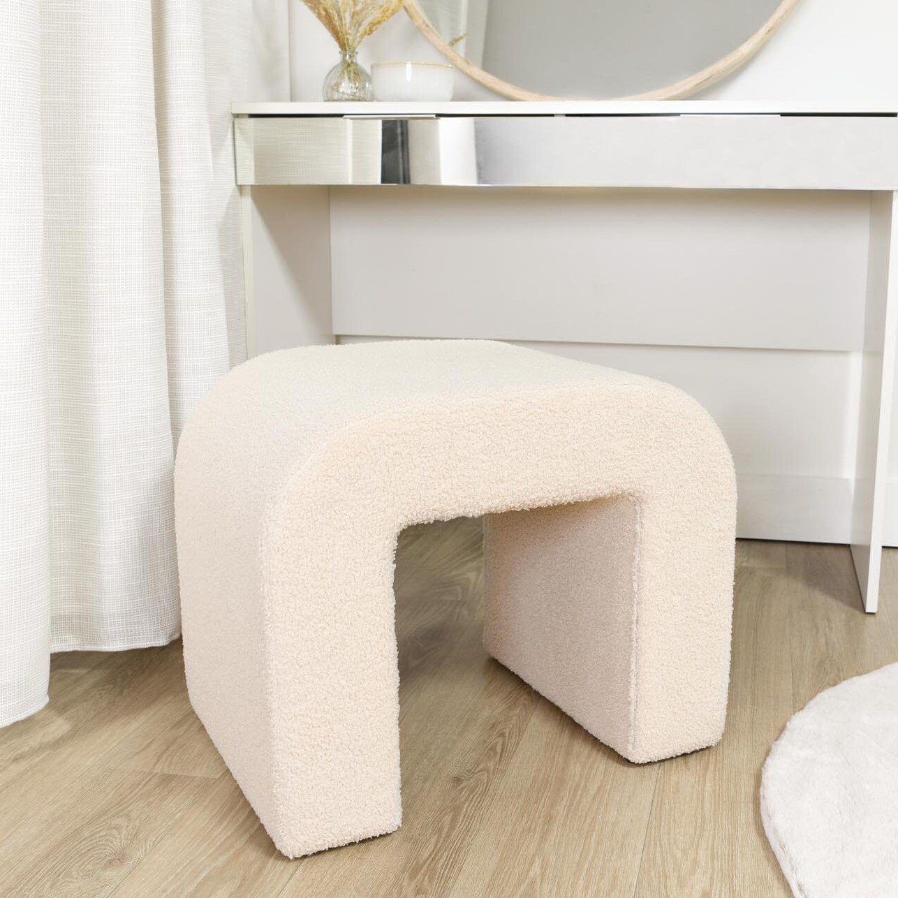 Neutral Boucle Curved Footstool Image 2