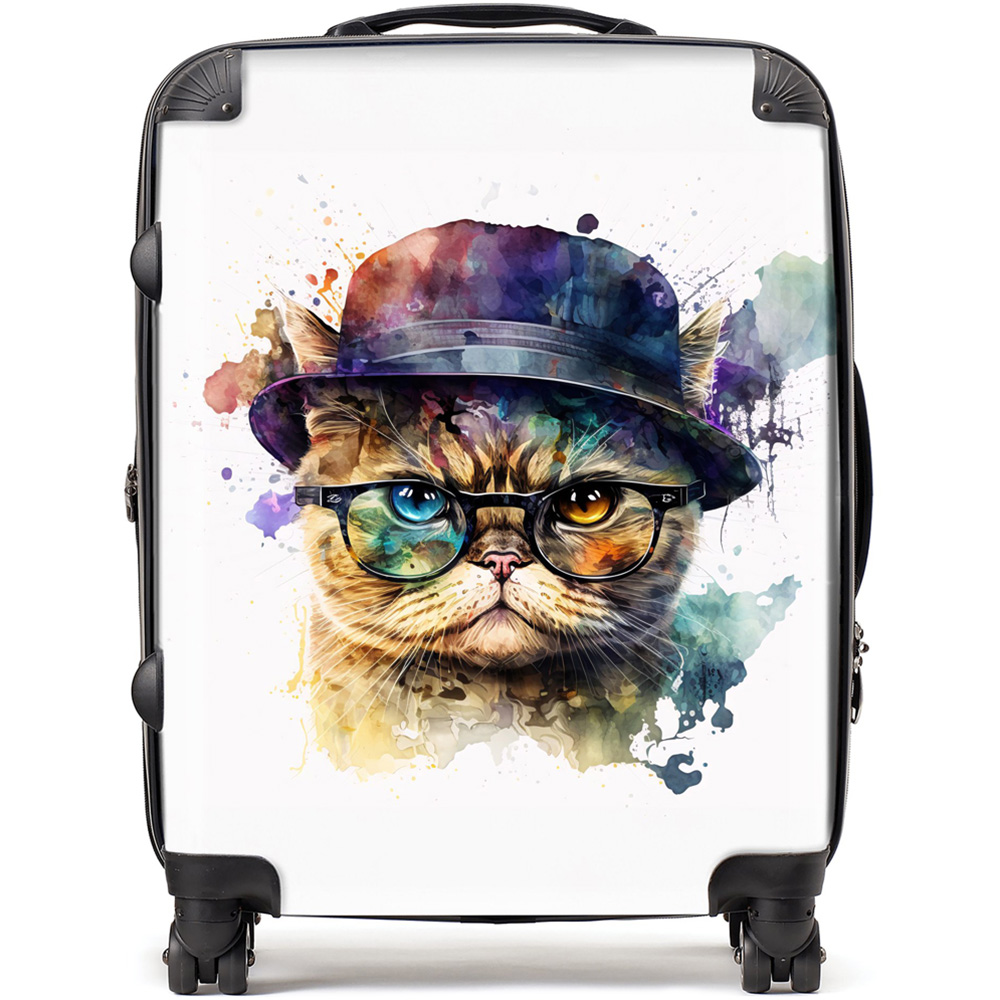 Warren Reed Designer Large Splashart Shorthair Cat with Glasses Suitcase Image 1