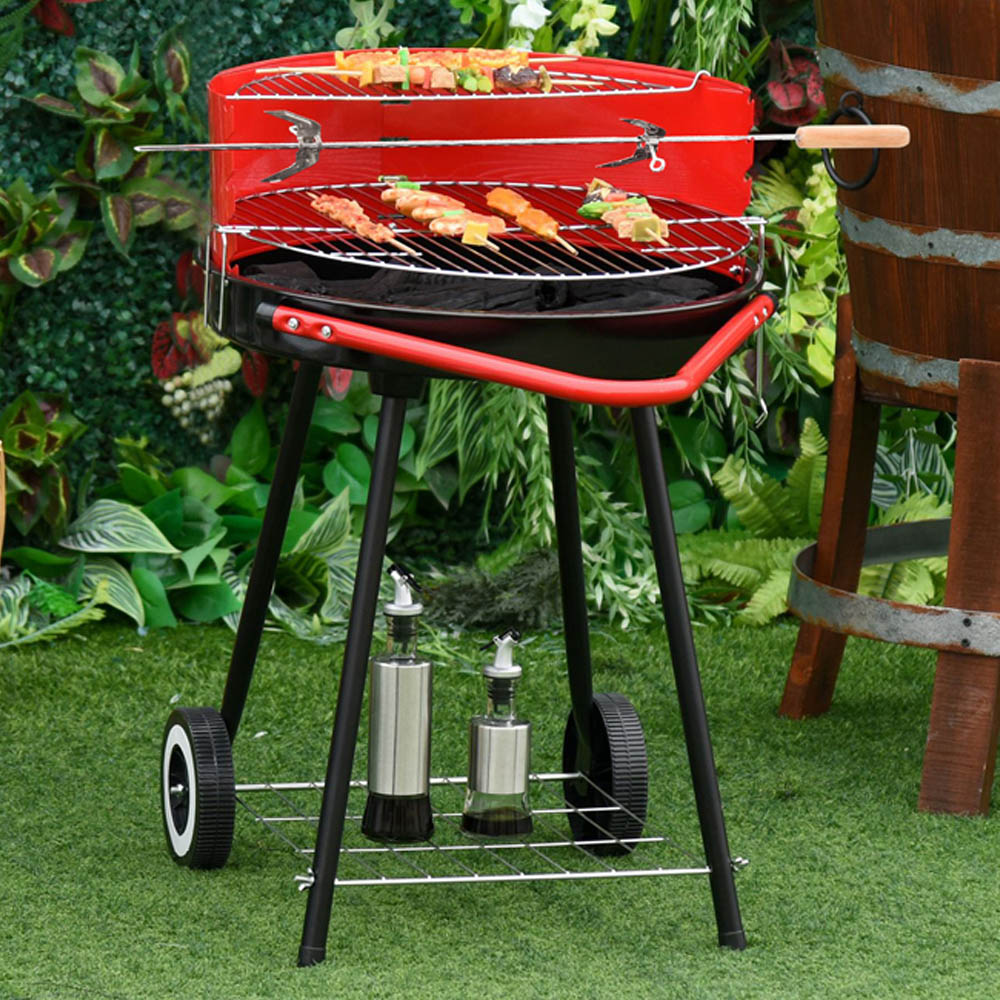 Outsunny Red and Black Round Charcoal Trolley BBQ Grill Image 2