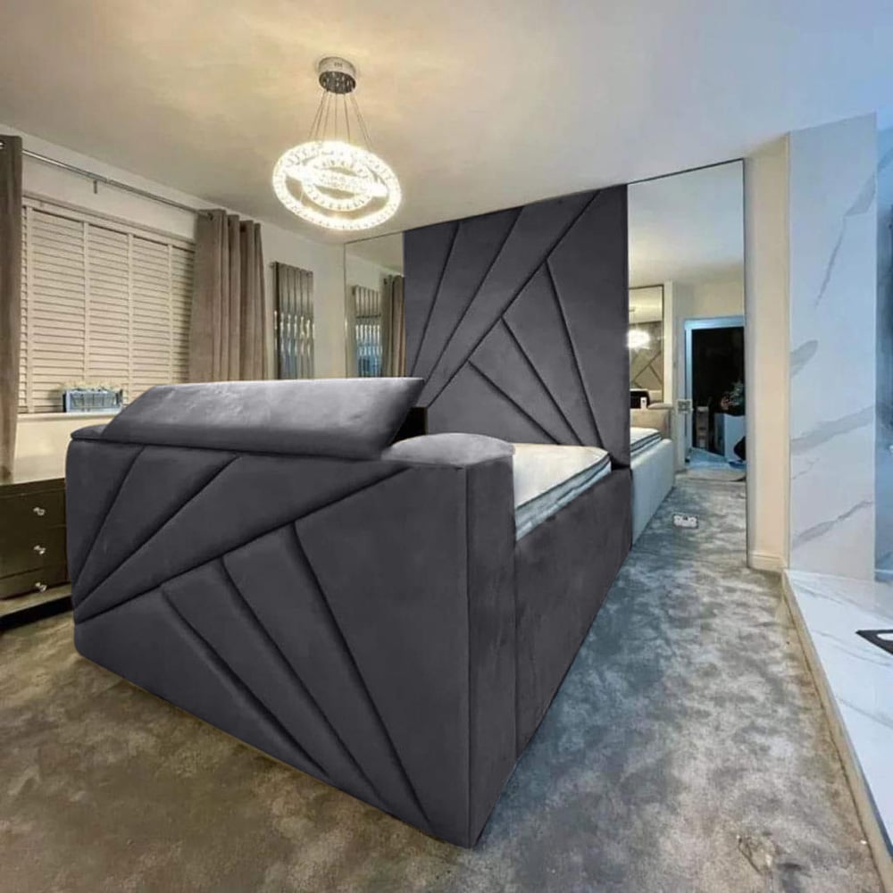 Eleganza Home Tina King Size Steel Plush Velvet Bed Frame with Headboard and Remote Image 2