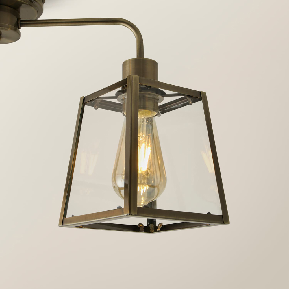 ValueLights Susie 3 Arm Antique Brass Glass Lantern Ceiling Light with Bulb Image 3