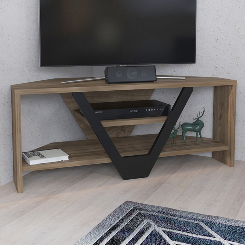 Decorotika Karin 2 Shelf Walnut and Black Modern Corner TV Unit Image 1