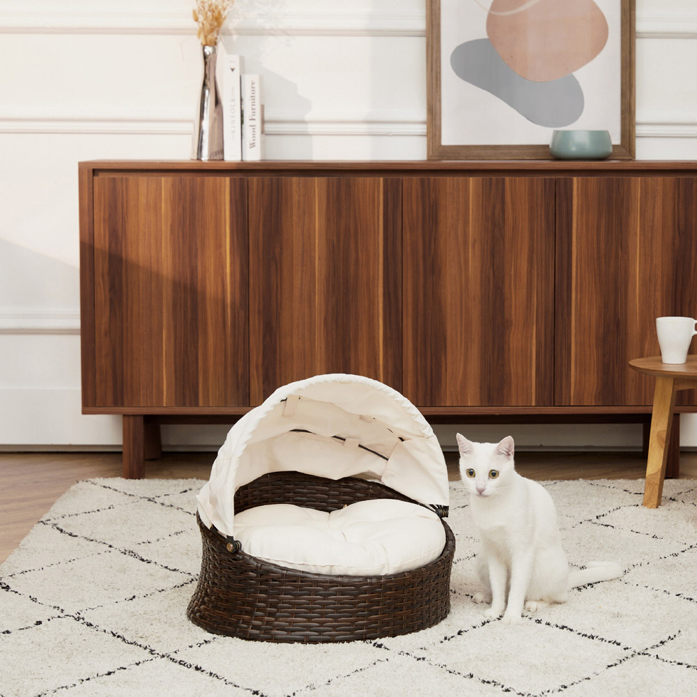Teamson Pets Wicker Rattan Shell Shape Cat Bed with Cushions Image 2