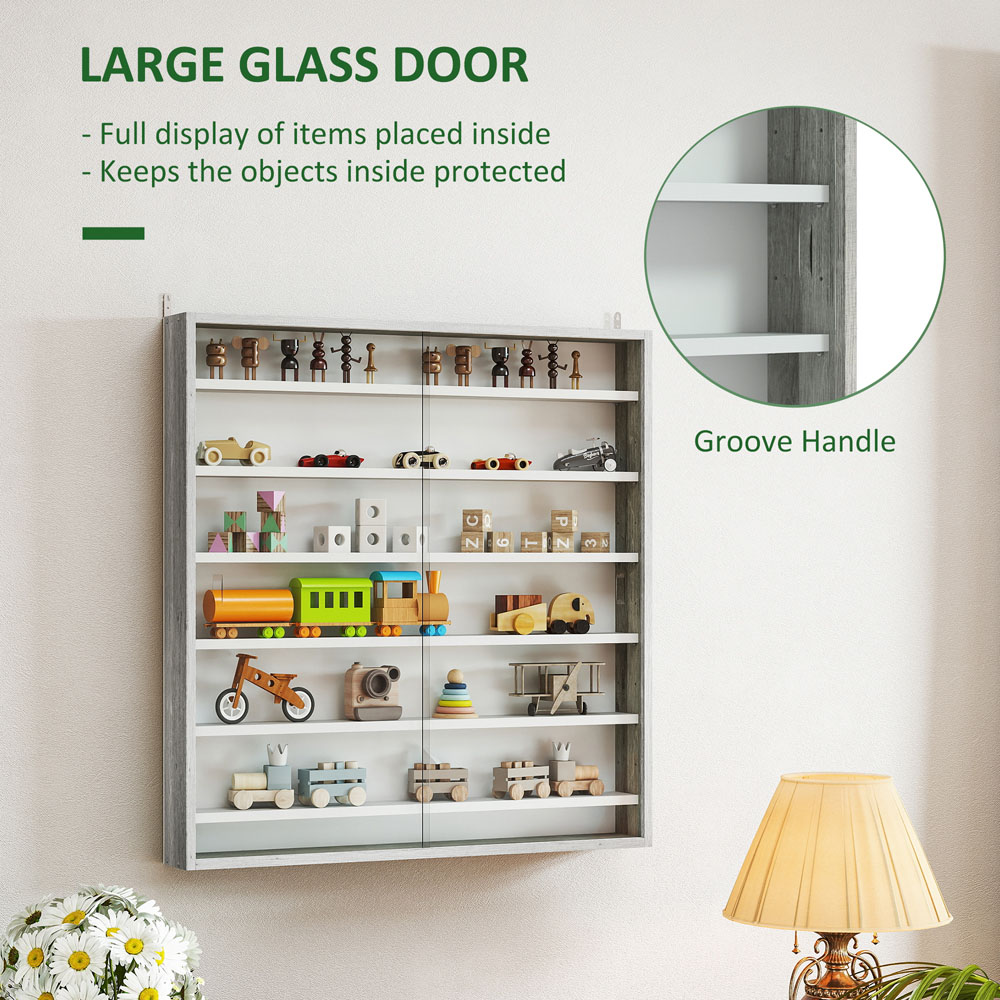 HOMCOM 7-Tier Glass Doors Graphite Wood Effect Wall Display Cabinet Image 8