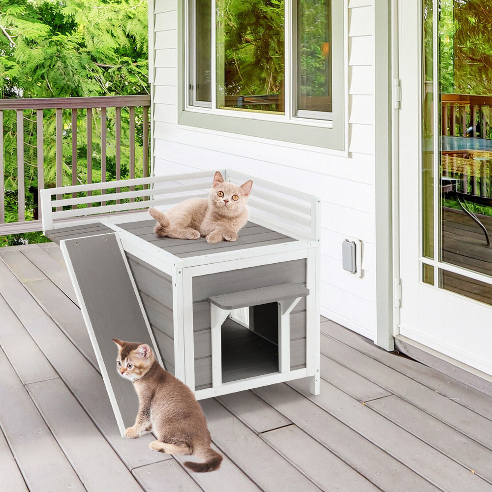 Costway Grey Pet Dog House with Balcony Image 4