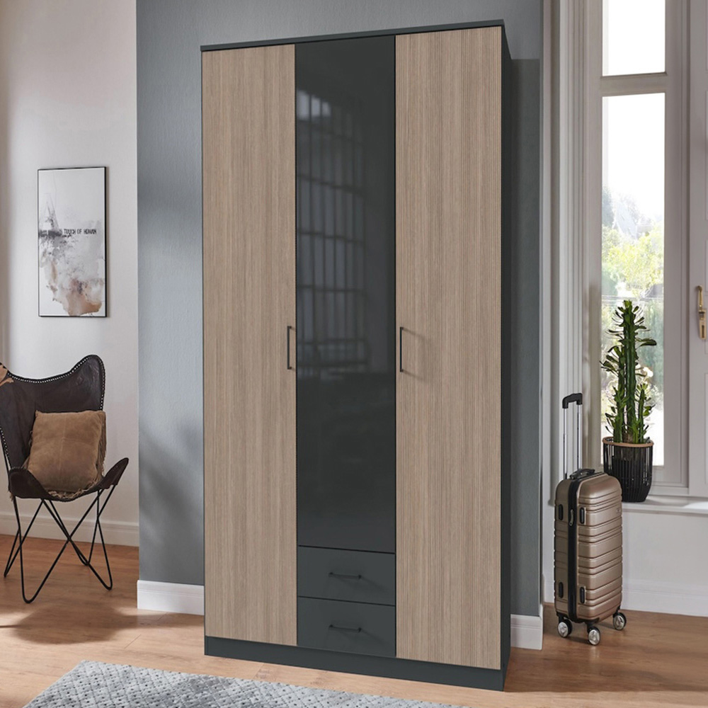 TJ'S Fulda 3 Door 2 Drawer Matt Acacia Effect Wardrobe Image 1