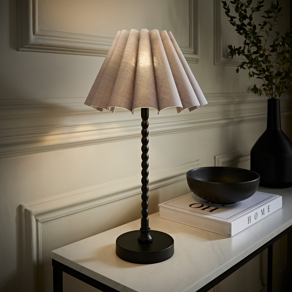 ValueLights Maeve Grey and Black Scallop Pleated Tapered Shade Bobbin Bobble Table Lamp and Bulb Image 2