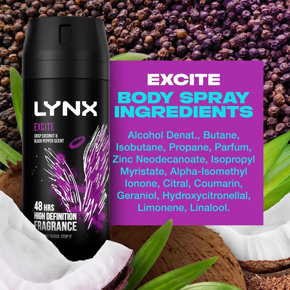Lynx Excite Crisp Coconut and Black Pepper 48H Protection Deodorant Body Spray 150ml 12 Pack Image 7