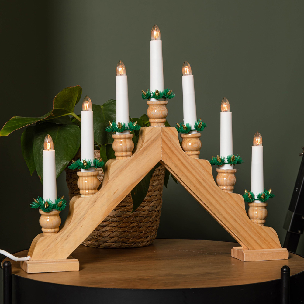 Samuel Alexander 7 Warm White LED Brown Wooden Christmas Candle Bridge 40cm Image 1
