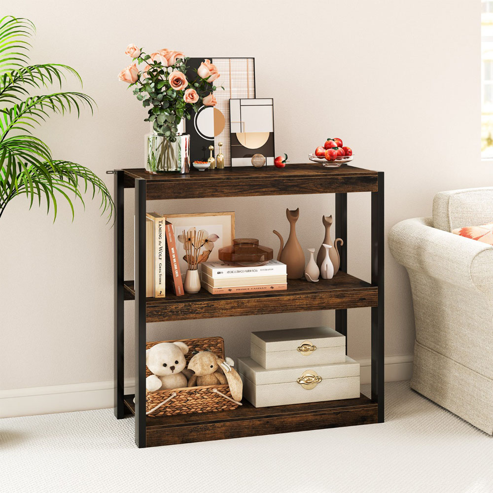 Costway 3 Tier Rustic Brown Wooden Bookcase with Dual Anti Tipping Kits Image 4