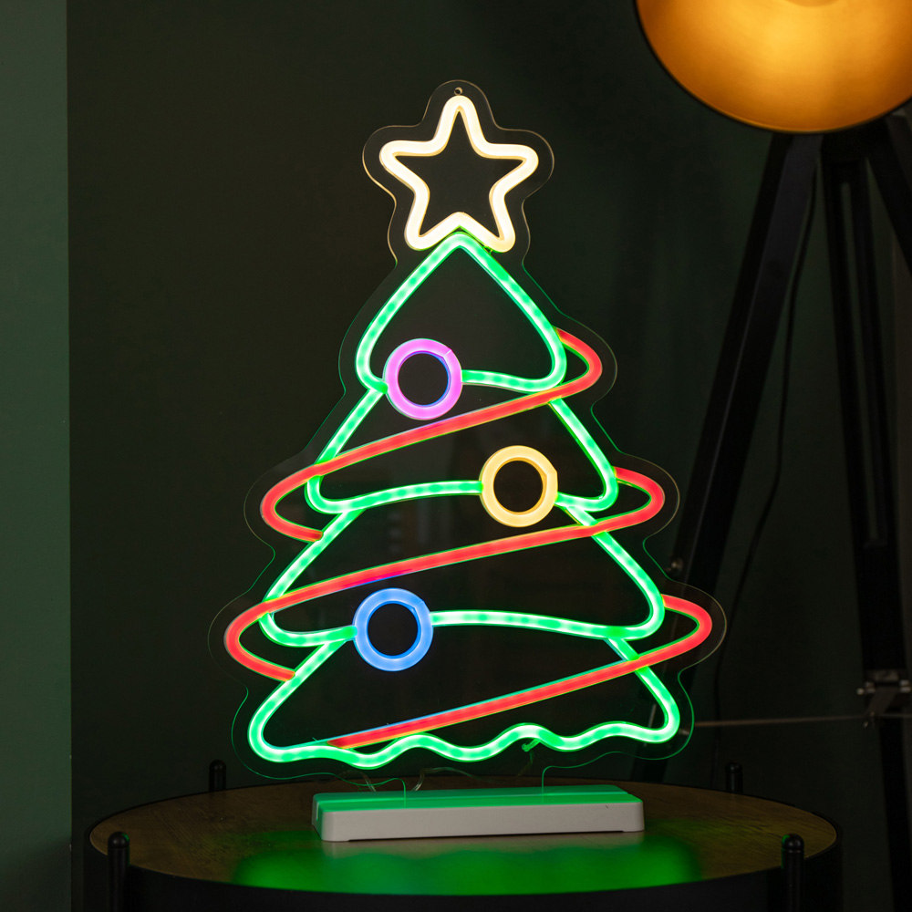 Samuel Alexander Multicolour LED Light Up Neon Christmas Tree Sign with Base Christmas Decoration Image 1