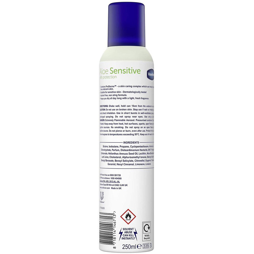 Vaseline Aloe Sensitive Women's Soothing Anti-Perspirant Women's Deodorant Spray 250ml 3 Pack Image 4