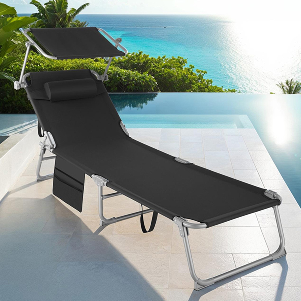 tectake Set of 2 Black Foldable Sun Loungers with Sun Canopy Image 1