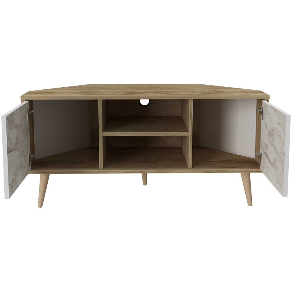 Decorotika Lesson 2 Door 2 Shelf Oud and White Marble Effect Corner TV Stand Image 5