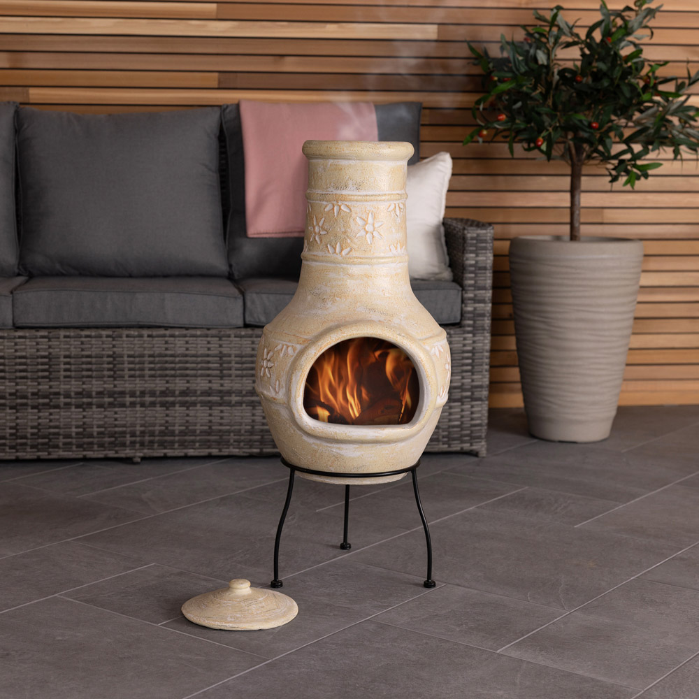Snug Valencia Natural 3D Flower Design Clay Chiminea with Lid and Steel Stand Image 6