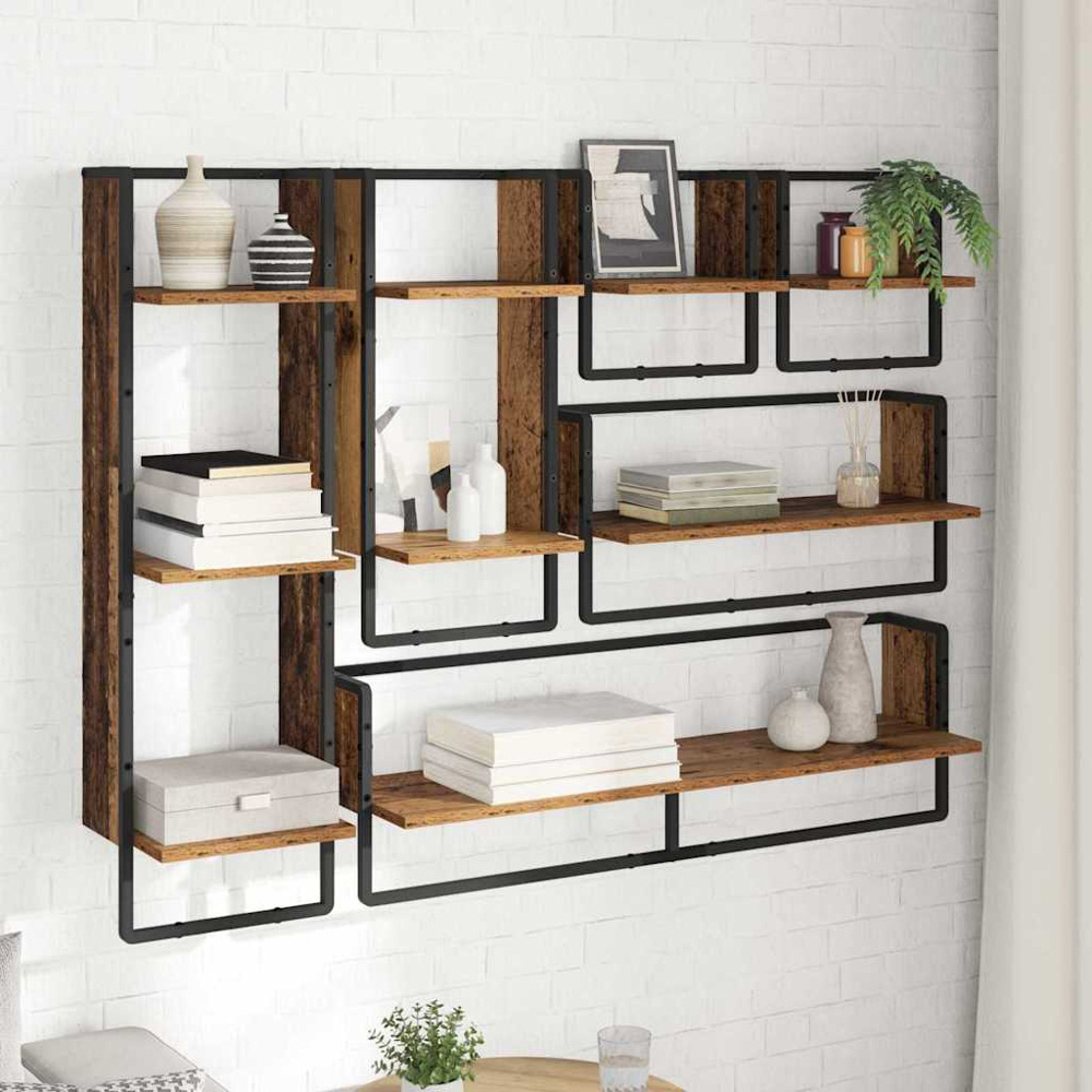 vidaXL 9 Shelf Old Wood Wall Shelf Set of 6 Image 2